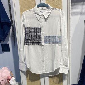 Adore White Shirt with Black and Blue Plaid Accents